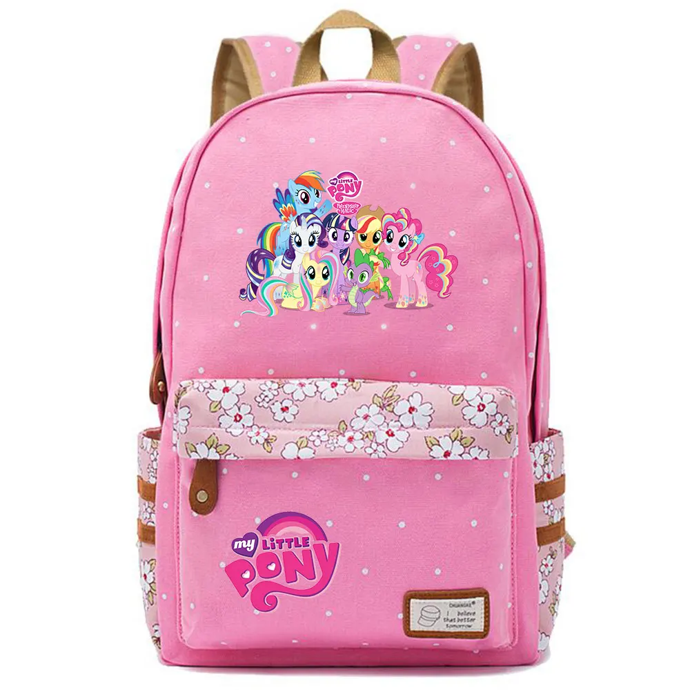 Kawaii My Little Pony Rainbow Dash Pinkie Pie с цветами в горошек, школьная сумка для мальчиков и девочек, женский рюкзак, Подростковый холщовый женский рюкзак