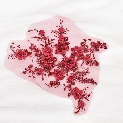 Wine red 2 шт./лот разноцветная 3D вышивка бисером Цветочная кружевная нашивка свадебное платье костюмы ручной работы DIY аксессуары для одежды аппликация - Цвет: Wine red