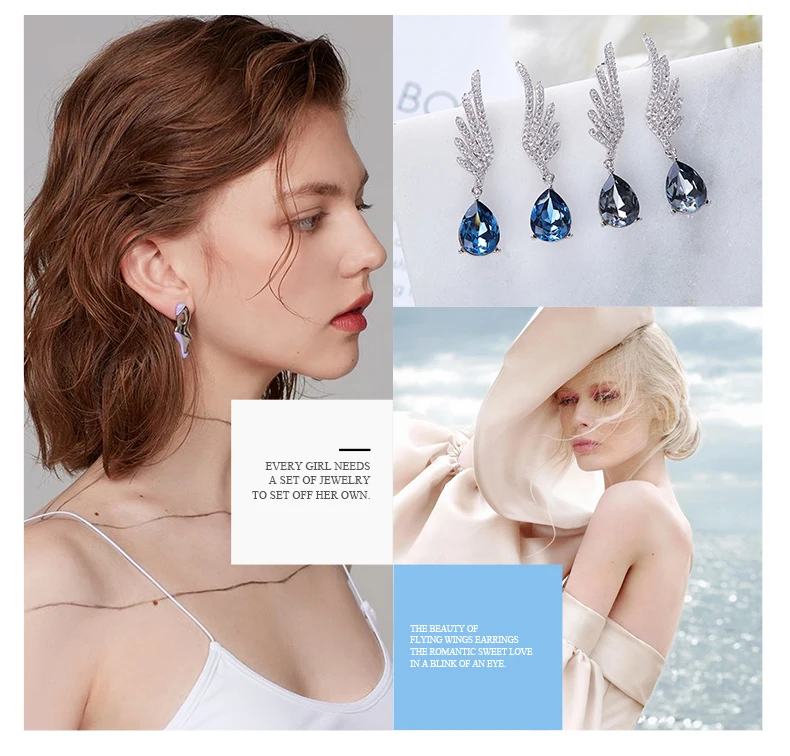 CDE 925 пробы серебряные серьги, украшенные кристаллами от Swarovski, крылья ангела, капли воды, серьги для женщин, ювелирные изделия для ушей