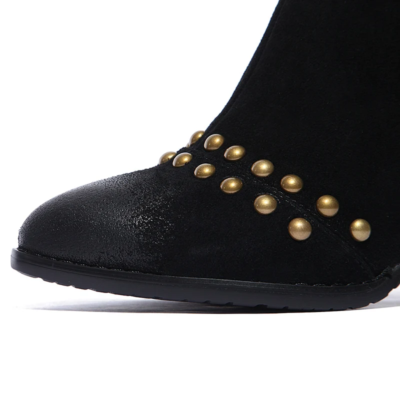 Nubuck Genuine Leather Buckle Rivets Women Boots Vintage Pointed Toe Ankle Chunky Heels Spring Winter Shoes Woman Big Size | Обувь
