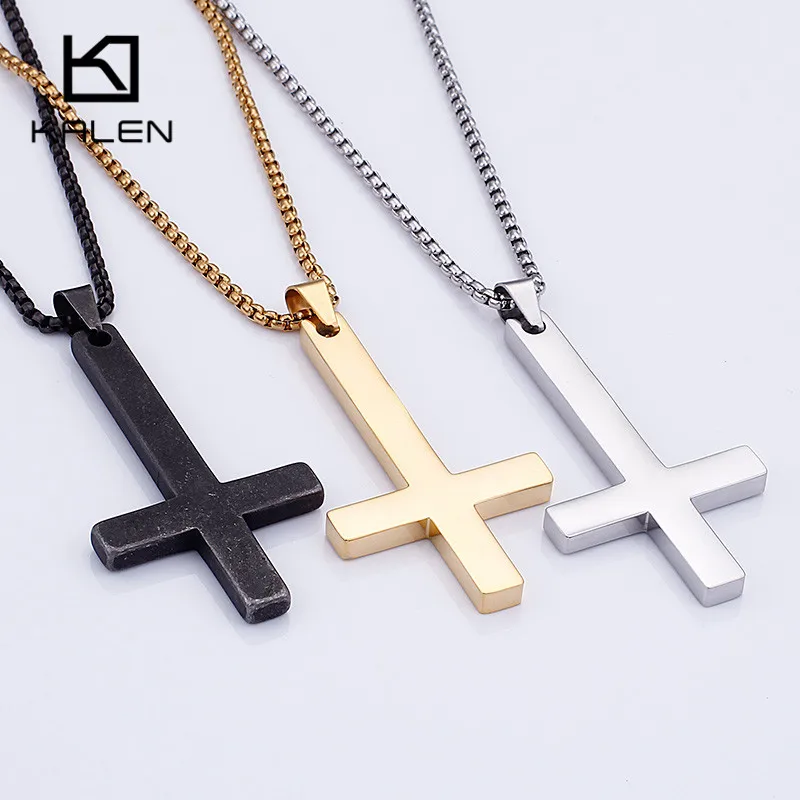 Ожерелье с крестом KALEN трехцветное для мужчин из нержавеющей стали золотого и черного цветов на длинной цепочке 72 см.