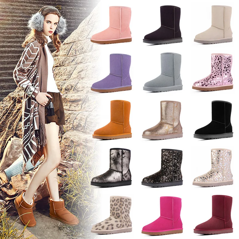 2018 Women's Winter Cow leather Snow Boots Australia Classic Plush Warm For Women Brand Mid-Calf Shoes 5825 | Обувь