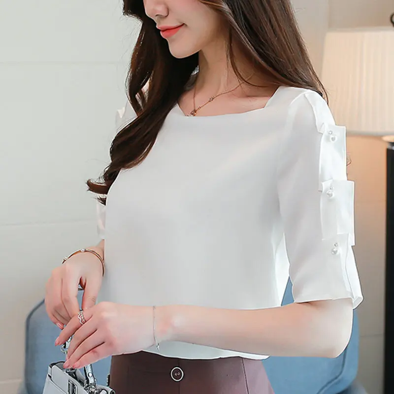 Лето Blusas Mujer 2018 женская рубашка с коротким рукавом и бисером блузка модная