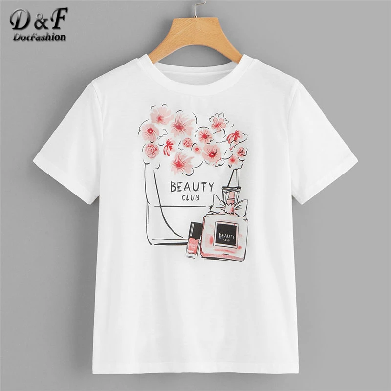 Dotfashion, парфюм и цветочный принт, футболка с коротким рукавом, лето, повседневные, Графические футболки для женщин, милые, молодежные, круглый вырез, футболки