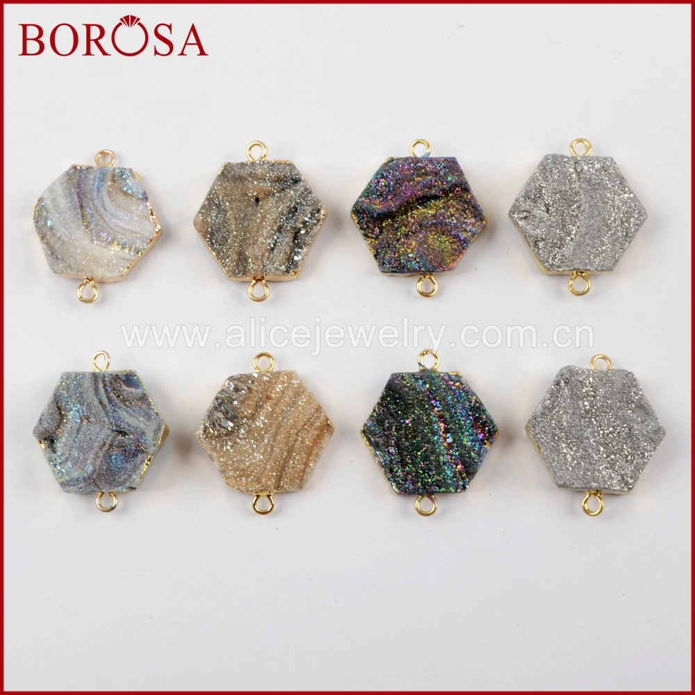 

BOROSA 10 шт. Модный золотой цвет шестигранный Радужный натуральный Титан галактика Друза кварцевый соединитель для браслета ювелирных издели...