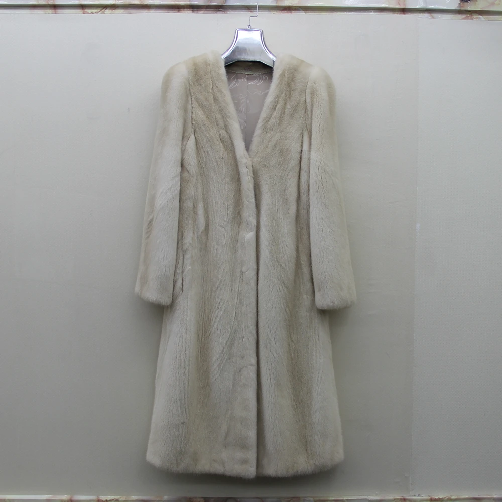 Real Mink Fur New Fashion Women Coat with V-Neck Winter X-Long Slim Warm Jacket | Женская одежда
