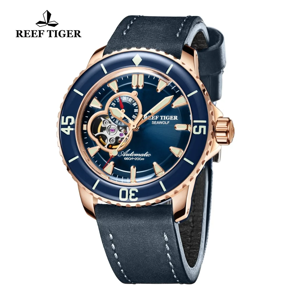 Роскошные часы для дайвинга Reef Tiger/RT спортивные цвета розового золота с кожаным