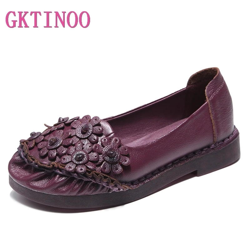 

GKTINOO Spring Fashion Flower Design Round Toe Soft Bottom Flat Shoes Vintage Genuine Leather Women Flats Girl Loafer Large Size