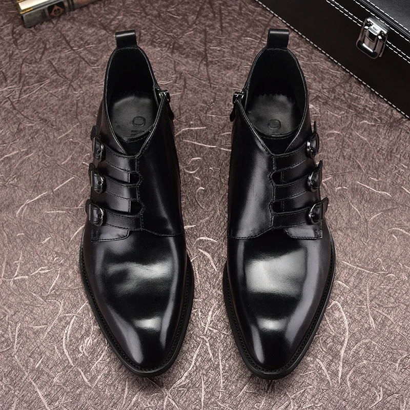 Ботильоны мужские из натуральной кожи с тремя пряжками|shoes fashion|shoes genuine leathertan tanning