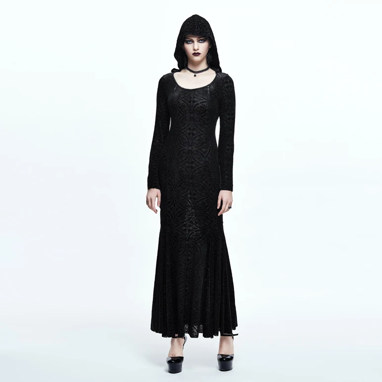 

Devil Fashion Spring Gothic Sexy Women Dresses Velet Mermaid Flare Sleeve Dresses Hooded Long Dresses Ankle-Length Dresses