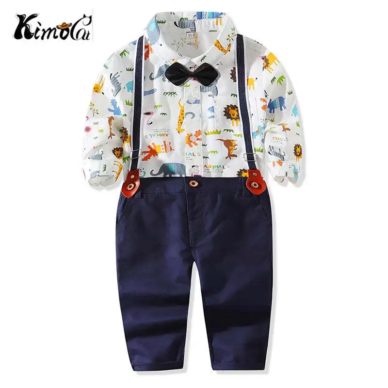 Kimocat 2pcs Baby boy clothes set Spring and fall cartoon animal suspenders gentlemen's shirt black casual pantsuit |