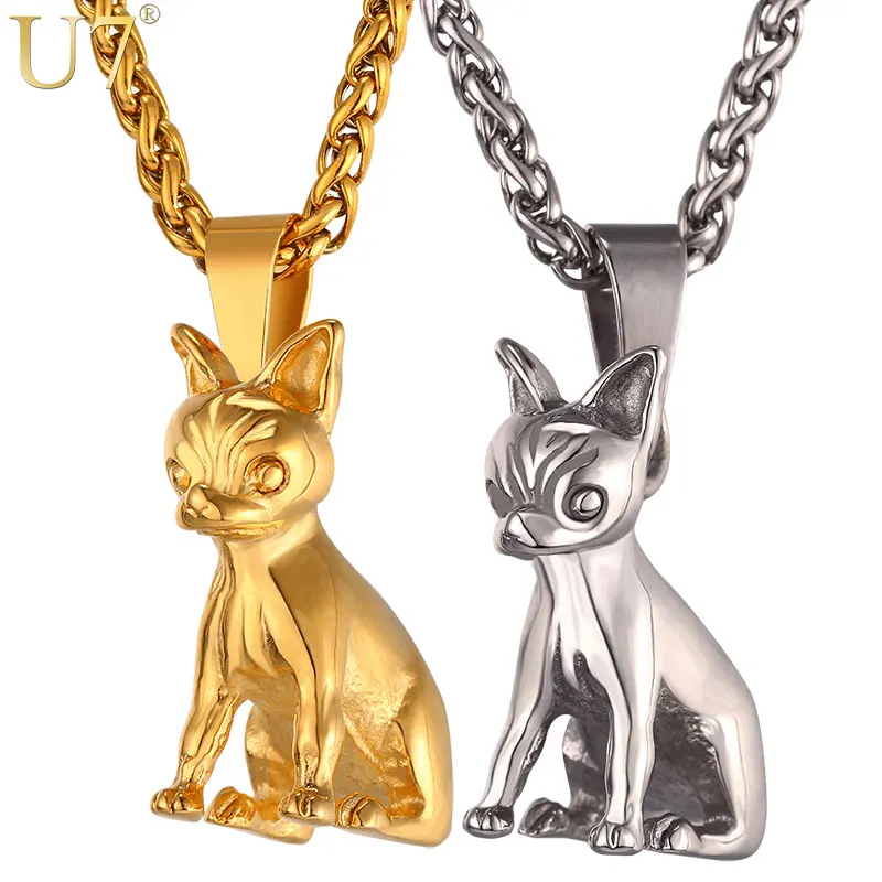 

U7 Brand Chihuahua Charm Necklace Gold Color Stainless Steel Cute Dog Pendant & Chain Animal Jewelry For Men/Women Gift P1030