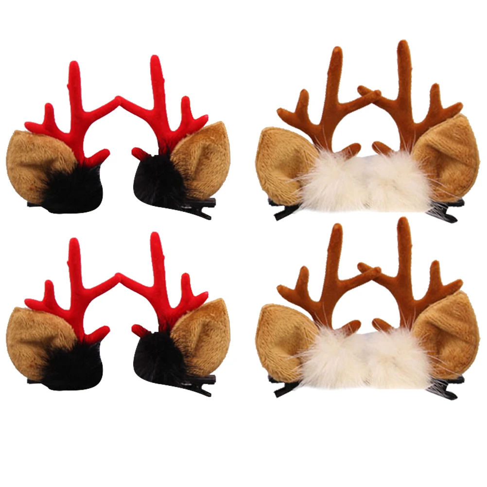 2 Pairs/ 4 Pcs Fashion Christmas XMAS Cute Hair Clips Deer Antlers Mushroom Faux Fur Ball Girls Women Hairpins Hair Accessories