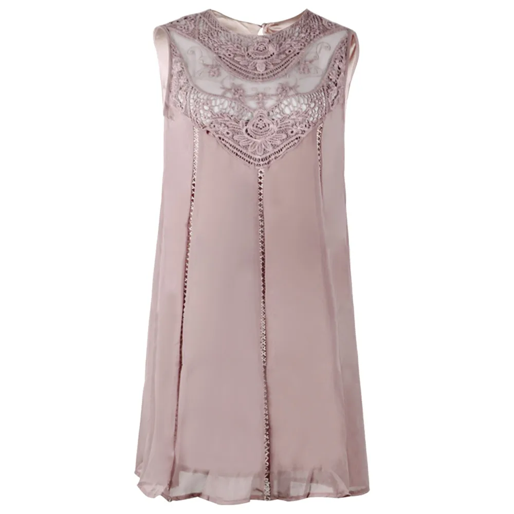 Women Casual Solid Lace Stitching O-Neck Sleeveless Chiffon Mini Dress ladies robe femme summer sundress korean dresselbise | Женская