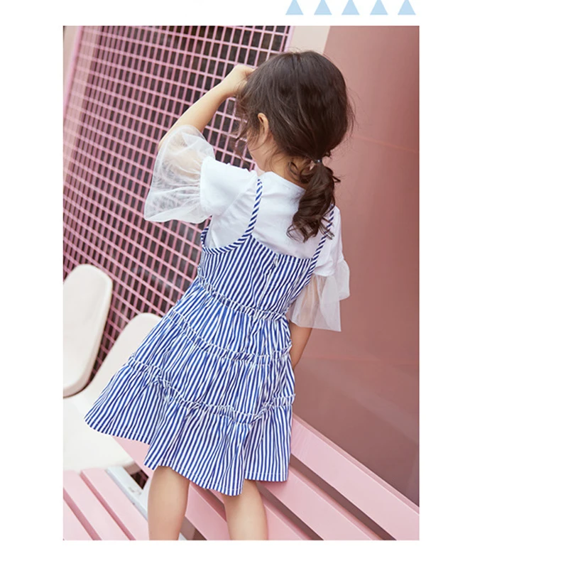 2017 летние новые дети хлопка с коротким рукавом футболки + полосатый dress из двух