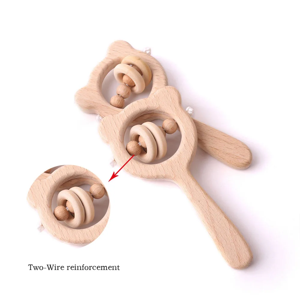 

Baby DIY Toys Beech Wood Bear Hand Teething Wooden Ring Baby Rattles Play Montessori Stroller Toys Educational Toys