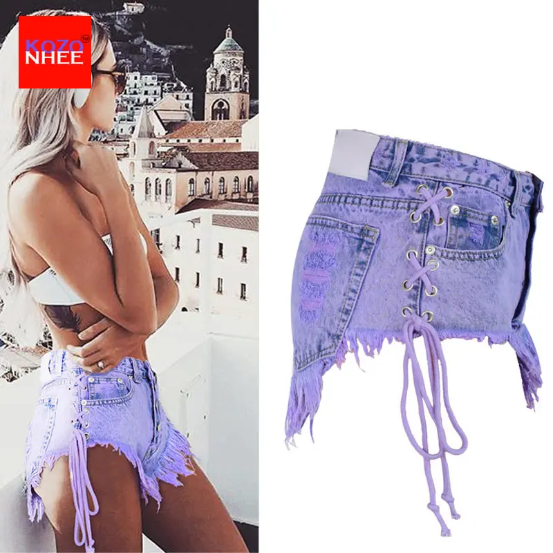 Летние фиолетовые женские джинсовые шорты с высокой талией рваные модные