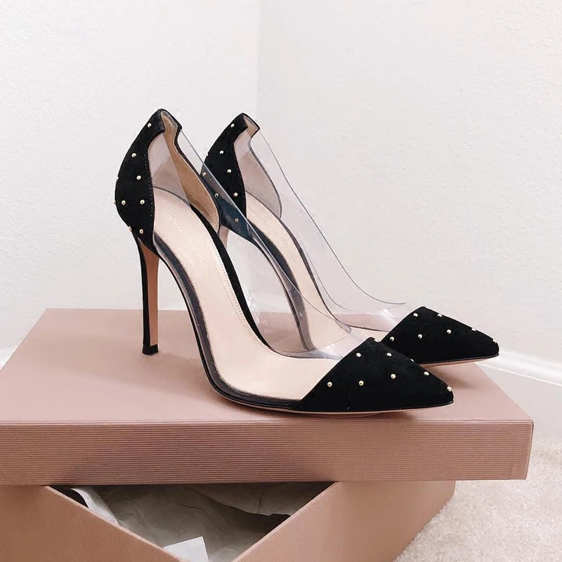 

Free shipping fashion women Pumps lady PVC Black suede studded Pointy toe high heels shoes 10cm 8cm bride Stiletto heeled