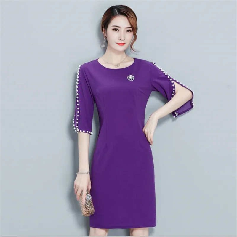 Женское платье с круглым вырезом облегающее винтажное прямое бусинами модель E306