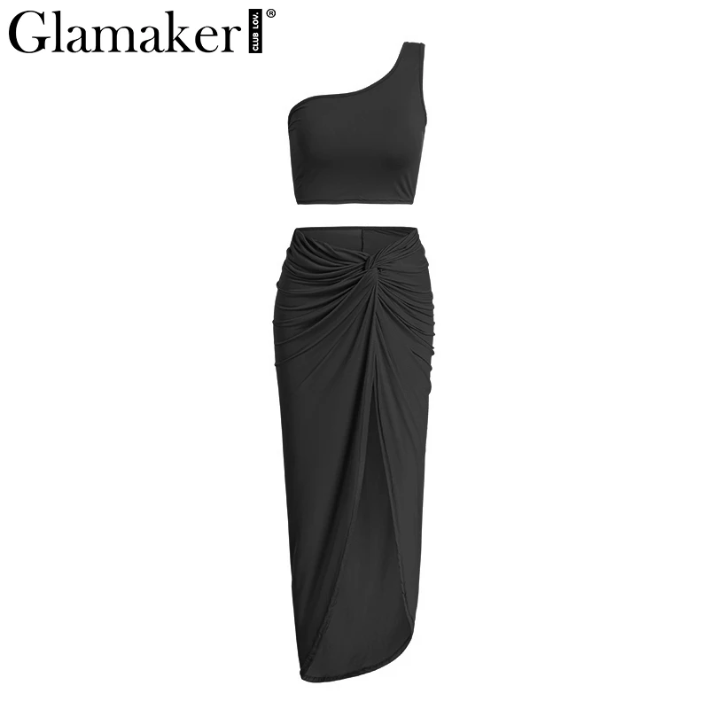 Черный Glamaker, неоновое длинное платье на одно плечо, 2 шт., женское облегающее Клубное платье миди, летнее сексуальное укороченное платье размера плюс, нестандартные платья - Цвет: Черный