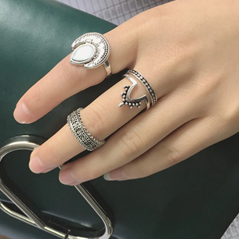 Винтажные средние фаланговые Кольца Набор для женщин Серебряный Античный полый
