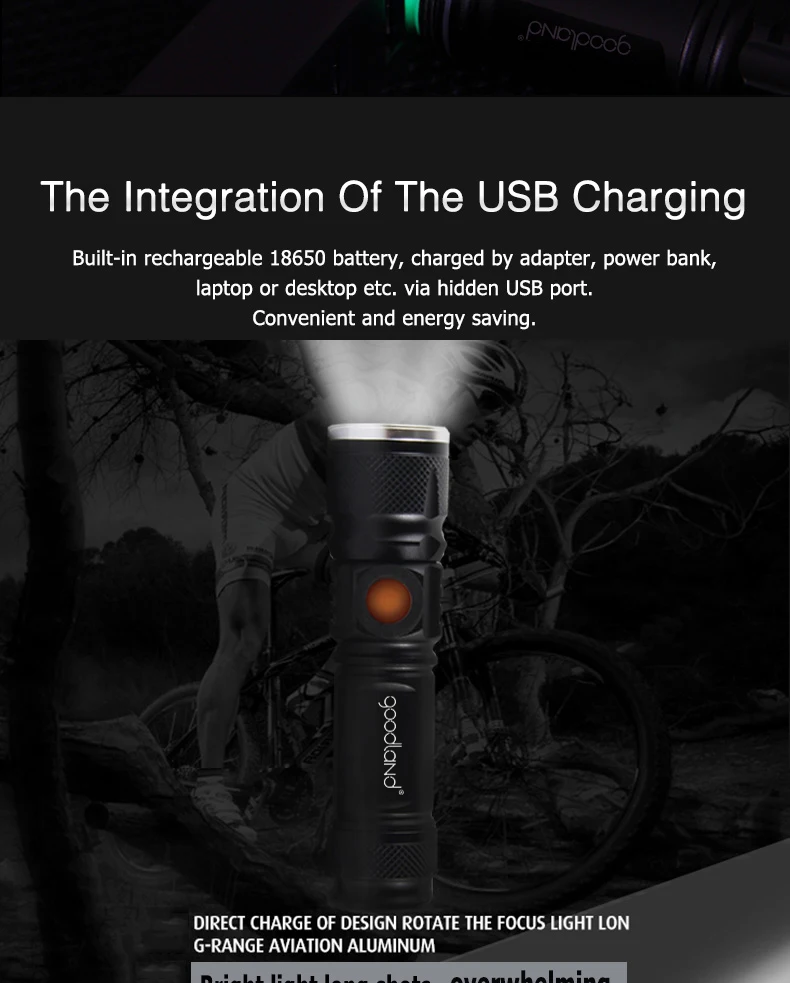 Goodland USB светодиодный фонарик T6 светодиодный фонарь Мини Удобный Перезаряжаемый 18650 Высокая мощность 3 режима масштабируемый для велосипеда кемпинга пешего туризма