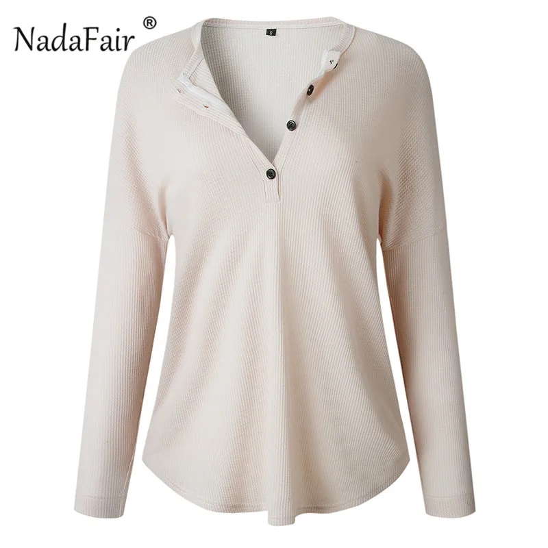 Nadafair, женская футболка с длинным рукавом, женские топы, весна-осень, на пуговицах, тонкая, ребристая, трикотажная футболка, Femme размера плюс, футболка - Цвет: apricot