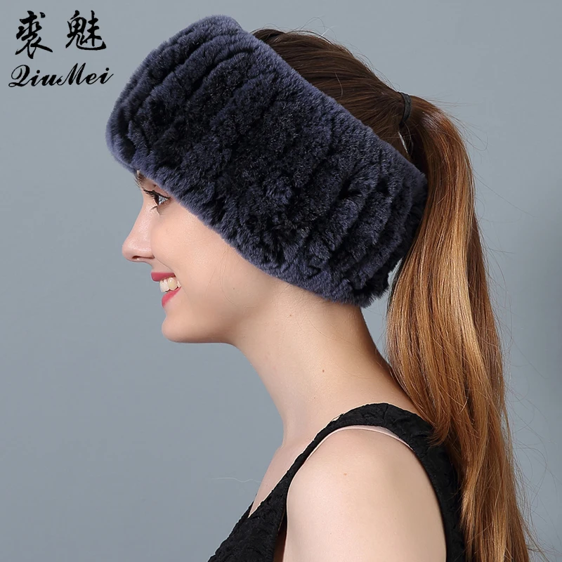 Женская шапка из натурального меха вязаная повязка на голову кролика Рекс