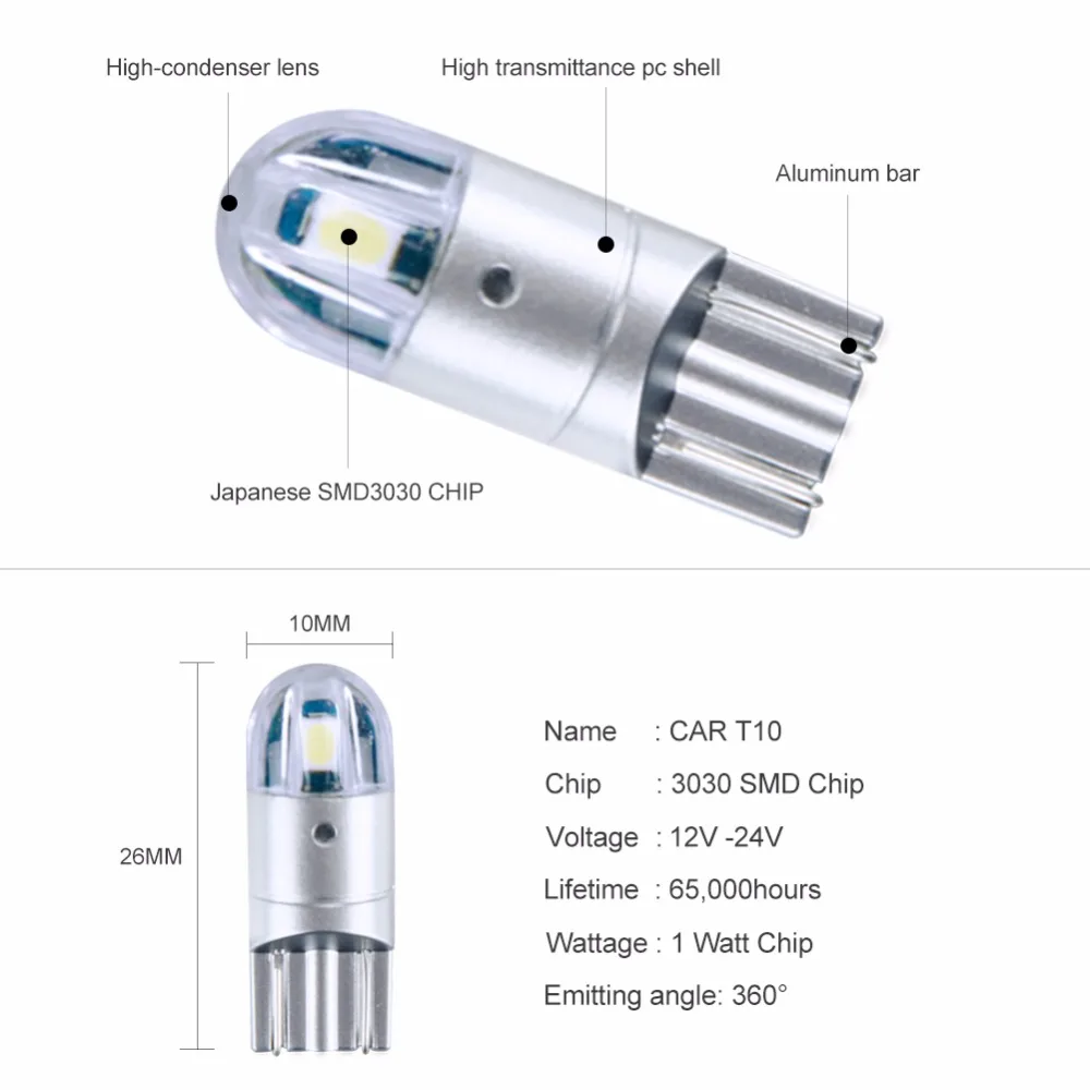 ATcomm 2 шт. T10 Светодиодные лампы W5W 168 194 LED Canbus 3030 SMD COB 6000K 12V автомобильный интерьер