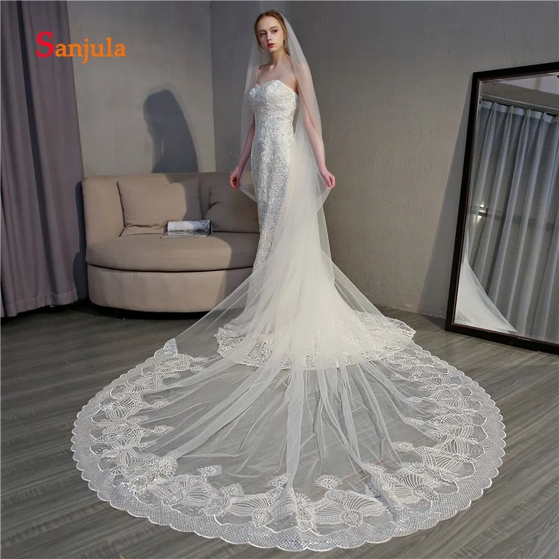 Unique Sequins Lace Appliques Long Bridal Veils with Comb Ivory Wedding Veil Church Accessories braut schleier V78 | Свадьбы и