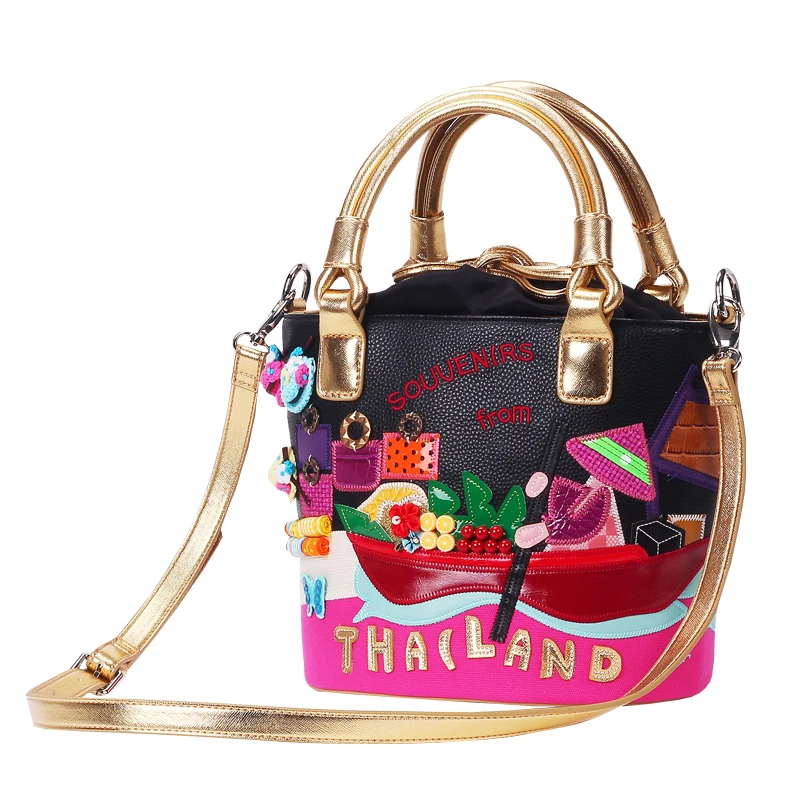 Women Bags Canvas or Leather Patchwork Embroidery Handbags Shoulder Bags Messenger Bag Totes Braccialini Style Thai Scenery