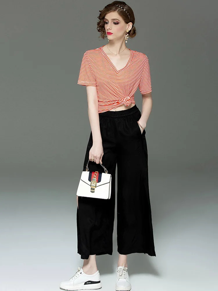 High Quality Women 2019 Summer New Short Sleeved Shirt + Wide Leg Pants Suit Two-piece Casual Fashion Elegant Ladies Sets L209