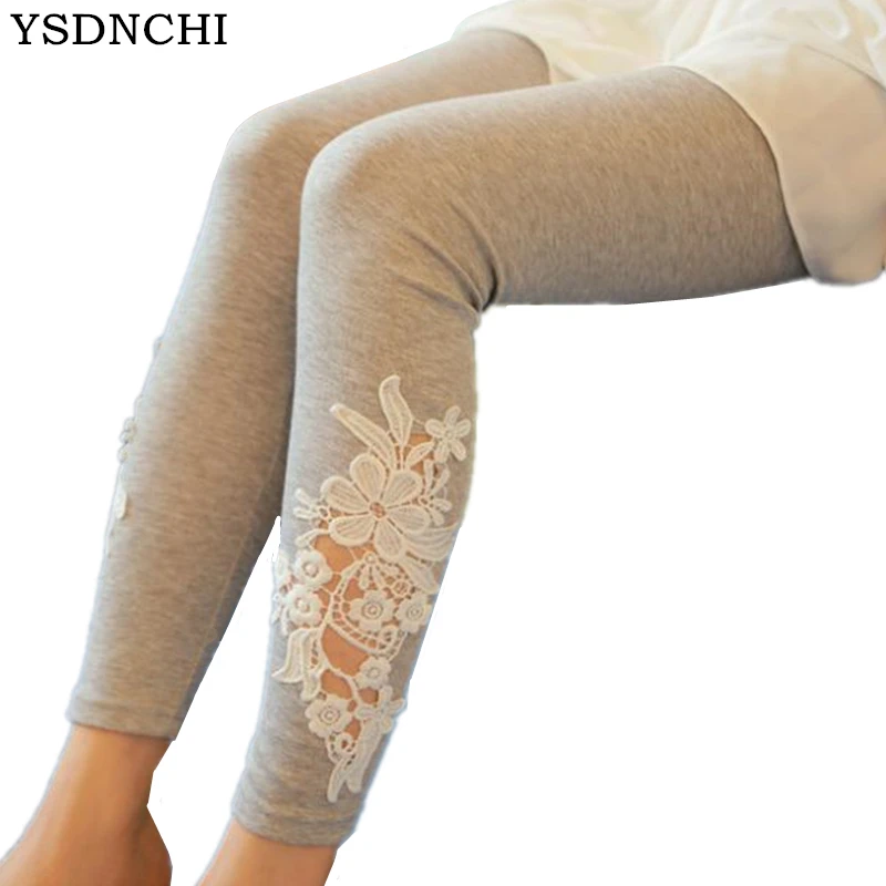 

Женские леггинсы YSDNCHI, тонкие эластичные леггинсы со средней талией, с кружевом и цветами, на весну