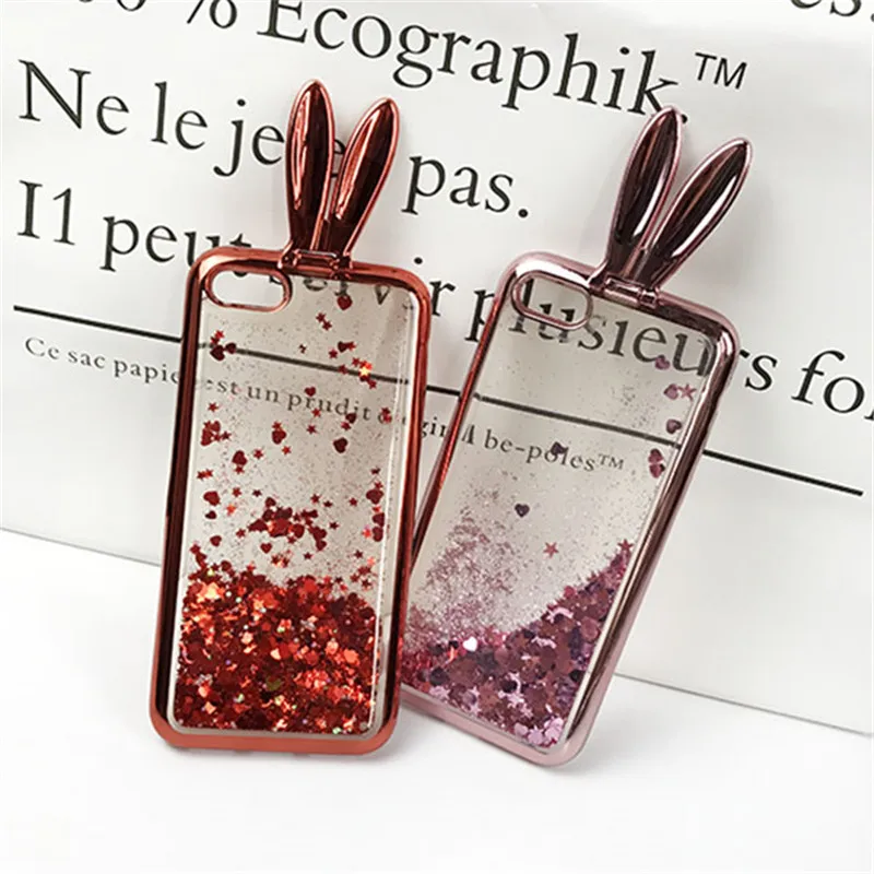 3D Cute Rabbit Ear Stander Case For iPhone 8 8plus Soft Silicon Glitter Liquid Quicksand 6 6plus 7 7plus Girl Cover | Мобильные