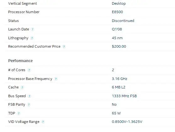 Двухъядерный процессор INTEL CORE 2 E8500 LAG 775 SOCKET 3,16 GHz/65 W/6 M/FSB 1333 для настольных ПК