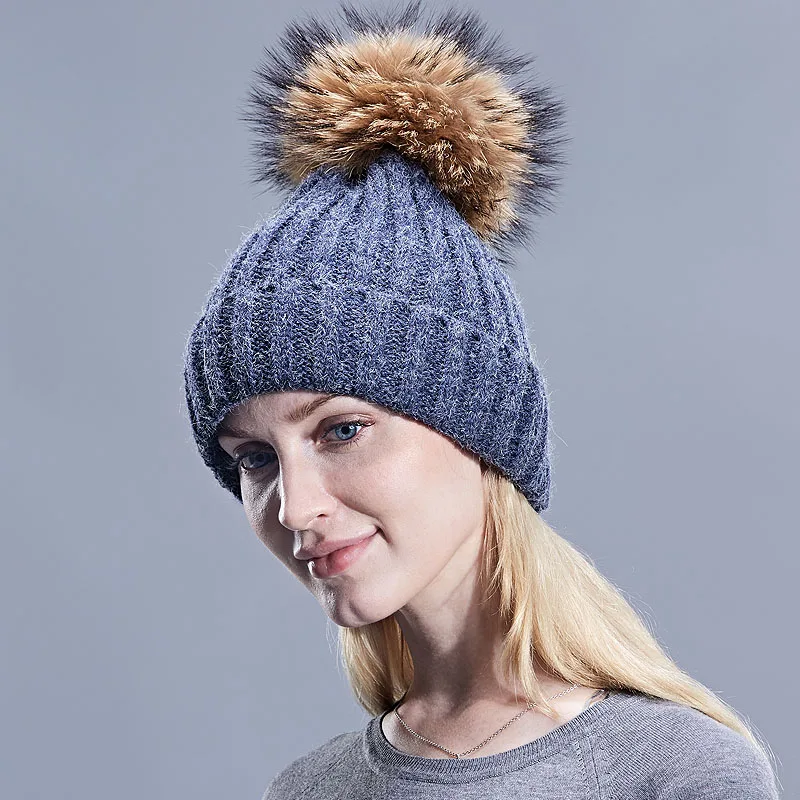 Женская Зимняя Вязаная Шерстяная Шапка бини шапка с помпоном из натурального