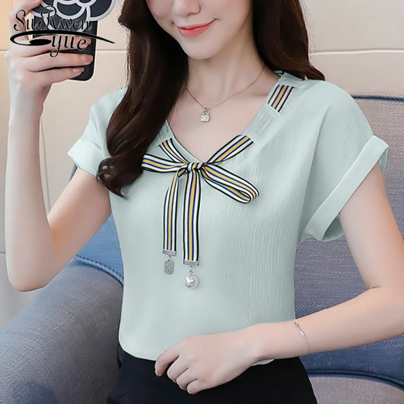 2020 модная женская шифоновая блузка с коротким рукавом летняя рубашка бантом и