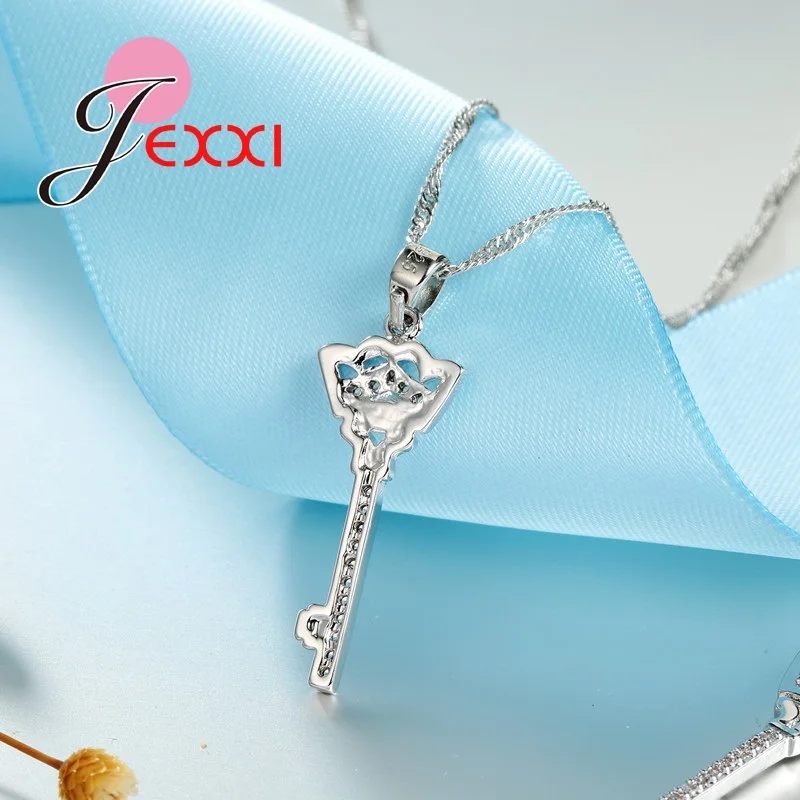 

Women Hoop Necklace Dangle Earrings Set Fashion Crown Key Cubic Zircon Silver Bridal Jewelry Sets For Wedding