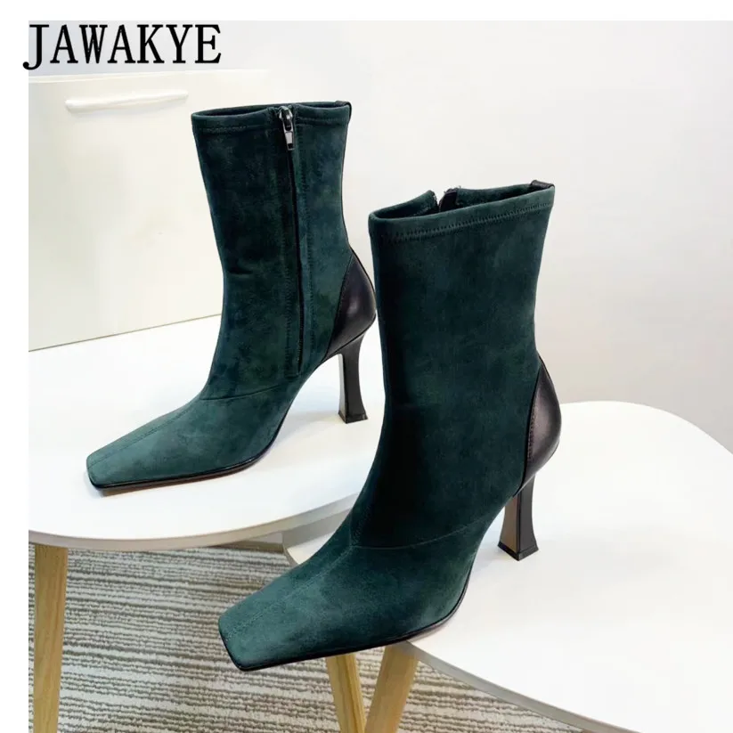 JAWAKYE/ботильоны на высоком каблуке с квадратным носком; женские модные короткие вечерние ботинки из зеленой замши; женская зимняя обувь из натуральной кожи черного цвета