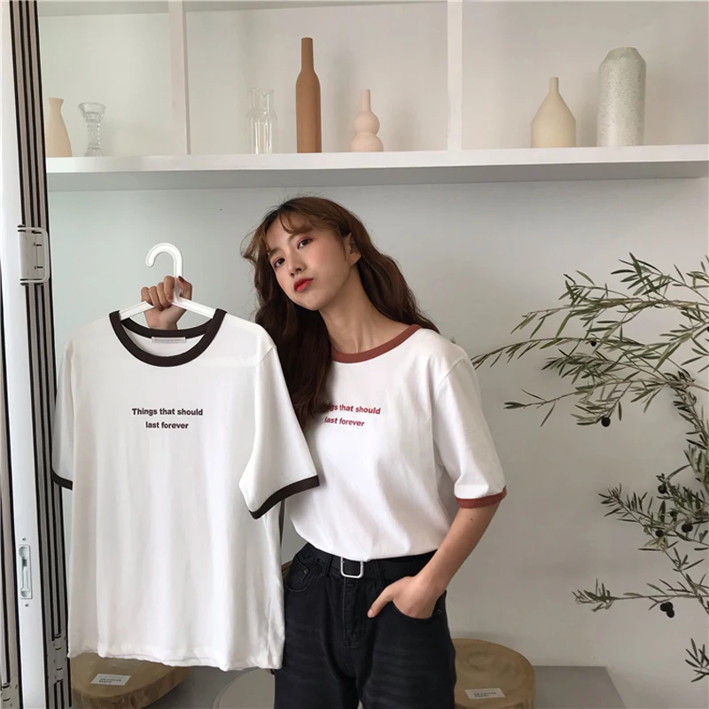 Летняя Корейская футболка с буквенным принтом Ulzzang, Женская Повседневная футболка с коротким рукавом, Женская свободная хлопковая Футболка с круглым вырезом, модные топы, футболка