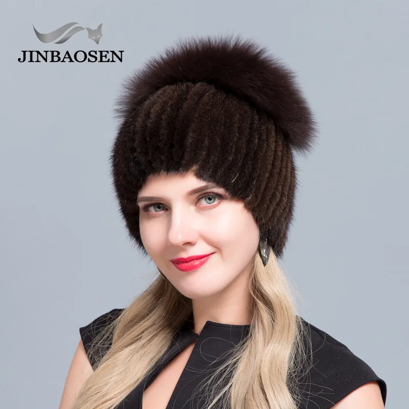 JINBAOSEN/Новинка; Лидер продаж; эластичная меховая шапка для женщин; меховая шапка для зимы; натуральная норковая шапка с серебристым лисьим мехом; помпоны; Топ; шапочки - Цвет: COLOR6