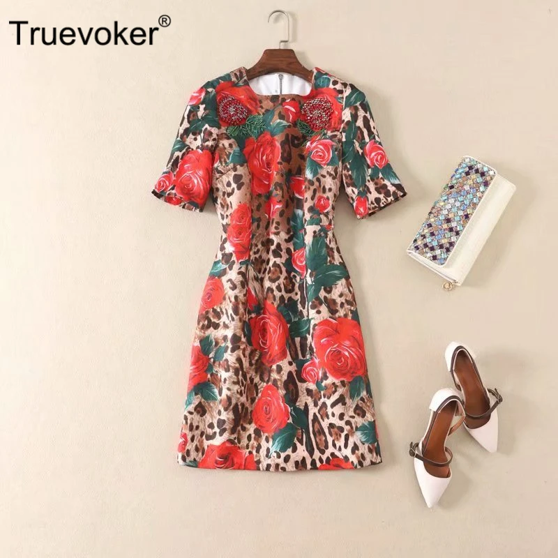 Truevoker, дизайнерское подиумное платье, женское, короткий рукав, красная роза, Цветочный, Леопардовый принт, бисероплетение, Алмазное тиснение, Vestidos