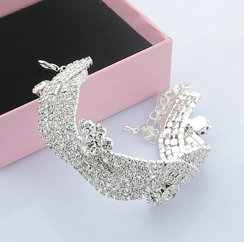 Free shipping! Min order 10 usd ! Wholesale silver plated beautiful crystal wide wedding bride jewelry bracelet WB18 | Украшения и