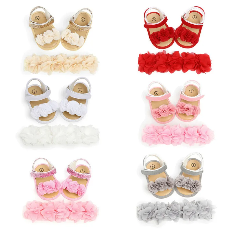 Princess Newborn Baby Girl Sandals Shoes 3D Flowers Soft Sole with Headband Leather 0-18M |
