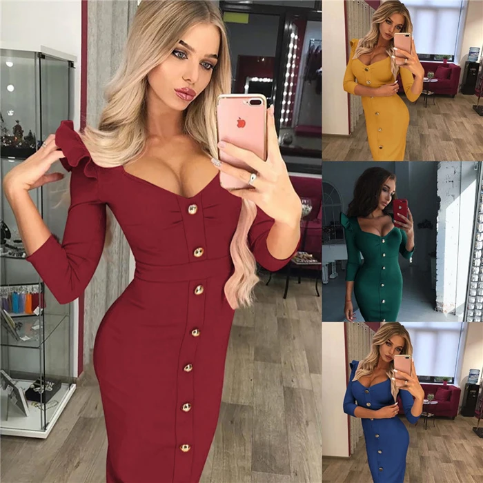 Susi& Rita, Сексуальные вечерние платья с v-образным вырезом, женское винтажное платье с рукавом три четверти и пуговицами,, весенние облегающие Клубные платья Vestidos
