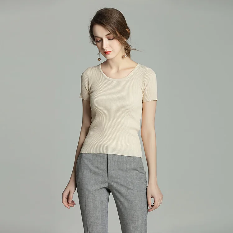 Summer new sweater shirt women's round neck short-sleeved solid color wild Slim Korean version of the simple | Женская одежда
