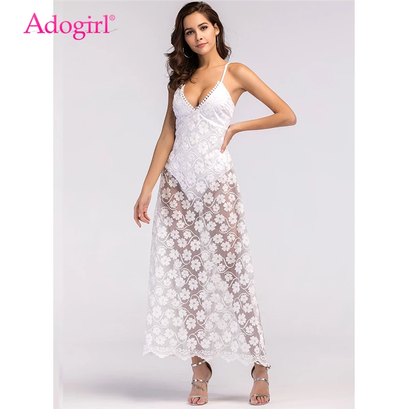 Adogirl 2018 Летнее белое кружевное пляжное платье для женщин сексуальное с глубоким v