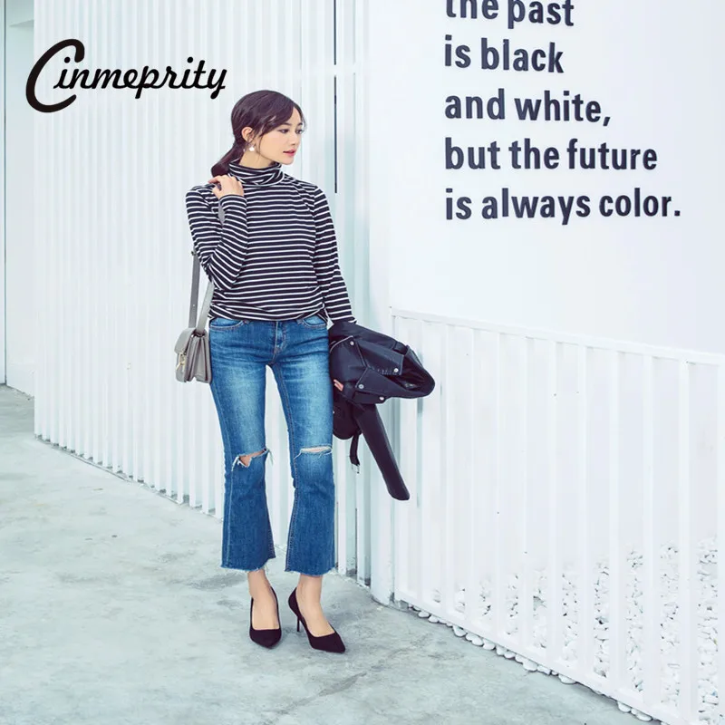 Для женщин Футболки для с длинным рукавом полосатый рисунок водолазка