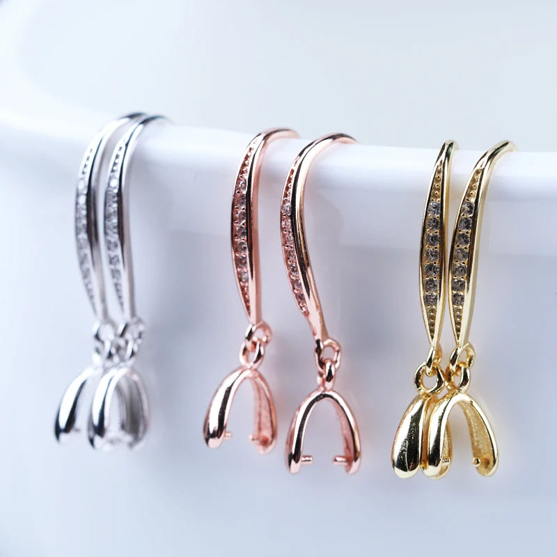 Real 925 Sterling Silver Woman Zircon Ear Hook Gold Silver Earring Blank Base DIY Jewelry Making Findings Accessories Component