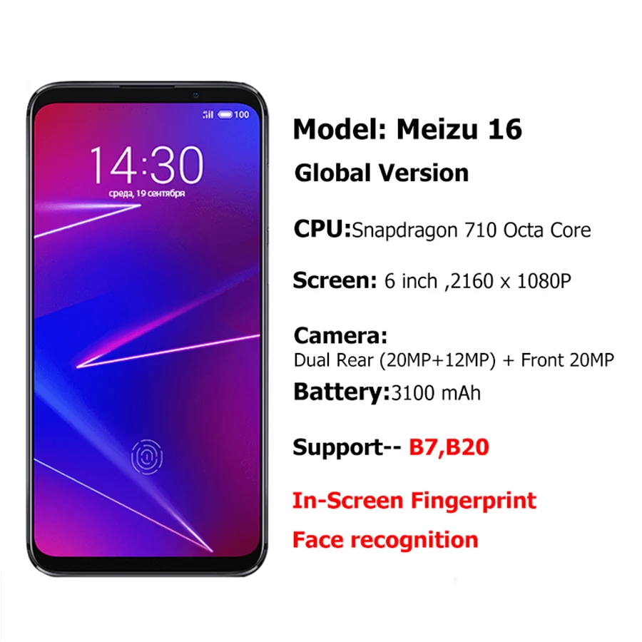 Фонарь Meizu 16 6 0 дюйма гб 64 M872H восьмиядерный процессор Snapdragon 710 2160x1080P 20 мп 3100 мач